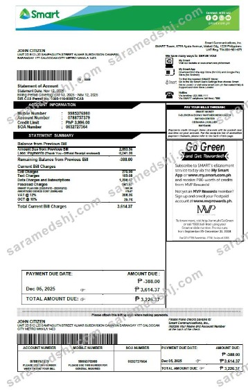 Philippines Smart utility bill template in Word and PDF formats, version 2